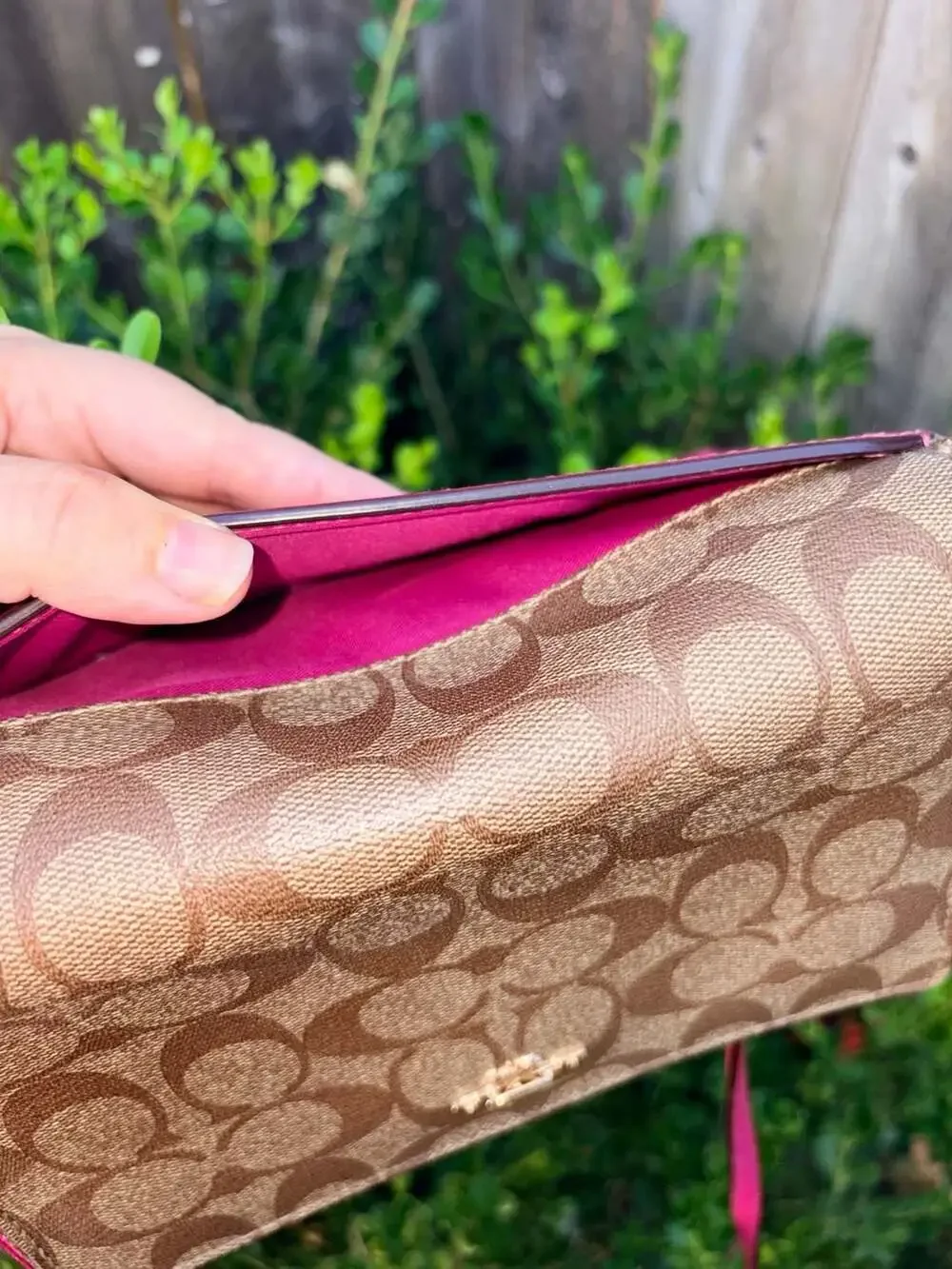 Coach Anna Foldover Clutch Crossbody Bag in Signature Canvas Khaki and Pink